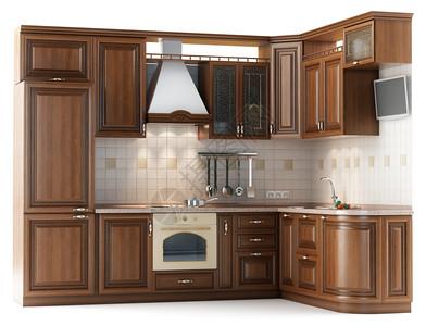 烤箱美丽的厨房家具用白纸上隔绝的木头制成屋财富图片素材